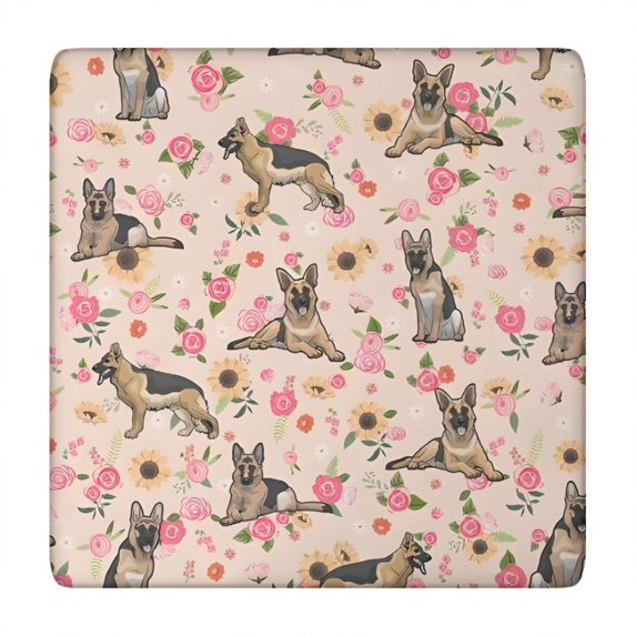 German Shepherd Dog and Flower Square Fitted Tablecloth with Elastic Edge,Square Table Cover,Washable Elastic Table Cover for Home Kitchen Party Decor 34"x34"