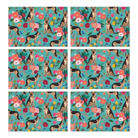 German Shepherd Dog and Flower Summer Placemats Table Placemats Set Of 6-Linen Kitchen Washable Placemats Table Mats 11.8"x17.7"Non-Slip Heat Resistant
