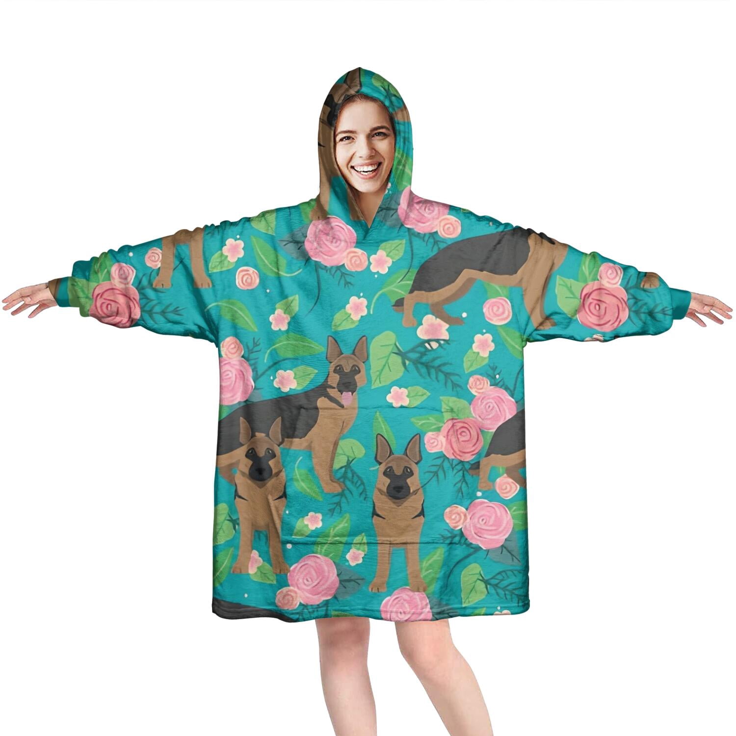 German Shepherd Dog and Flower Wearable Oversized Blanket,Wearable Blanket Hoodie for Adults,Cozy Hooded Blankets with Super Pockets,Super Warm Fuzzy Pullover for Women & Men
