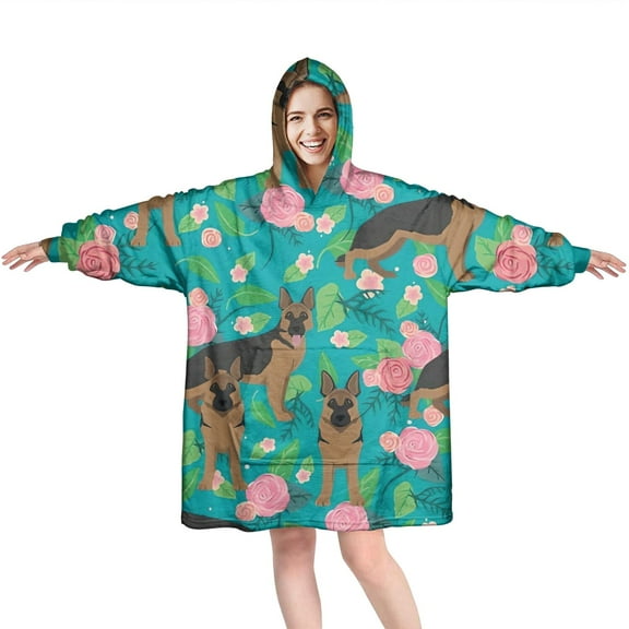 German Shepherd Dog and Flower Wearable Oversized Blanket,Wearable Blanket Hoodie for Adults,Cozy Hooded Blankets with Super Pockets,Super Warm Fuzzy Pullover for Women & Men