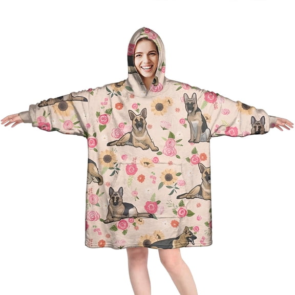 German Shepherd Dog and Flower Wearable Oversized Blanket,Wearable Blanket Hoodie for Adults,Cozy Hooded Blankets with Super Pockets,Super Warm Fuzzy Pullover for Women & Men
