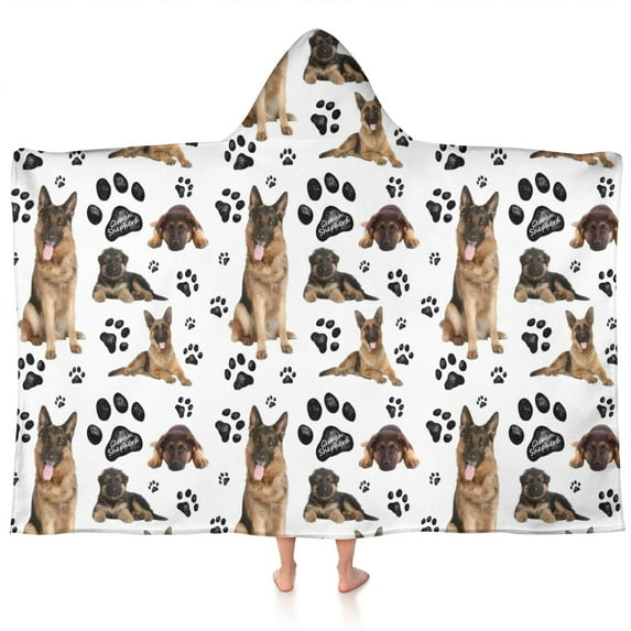 German Shepherd Dog and Footprint Hooded Bath Towel,60"x35" for Ages 3 To 12 Kids, Quick Dry Lightweight Soft Microfiber Hood Beach Towel Cover Up for Kids