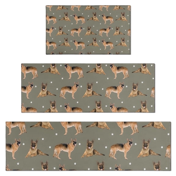 German Shepherd Dog and Footprint Kitchen Rugs Sets Of 3,Kitchen Runner Rugs Non Skid Washable,Decorative Kitchen Floor Mats for Kitchen,Sink,Laundry,17"x30"+ 17"x47" + 17"x59"
