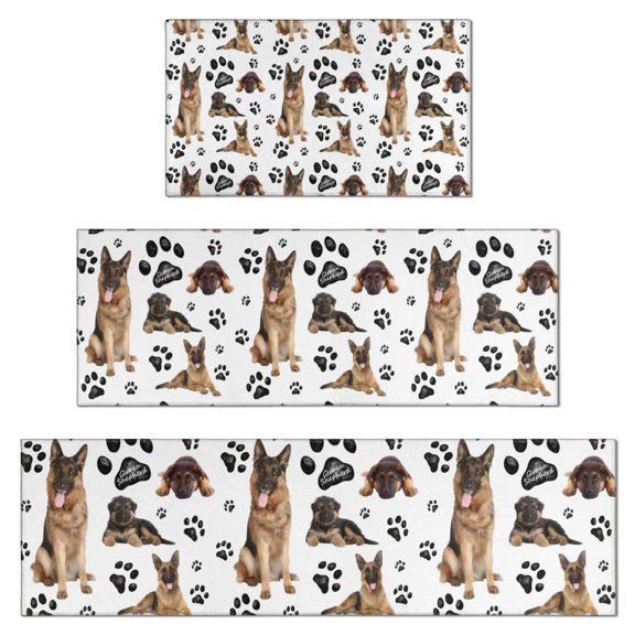 German Shepherd Dog and Footprint Kitchen Rugs Sets Of 3,Kitchen Runner Rugs Non Skid Washable,Decorative Kitchen Floor Mats for Kitchen,Sink,Laundry,17"x30"+ 17"x47" + 17"x59"