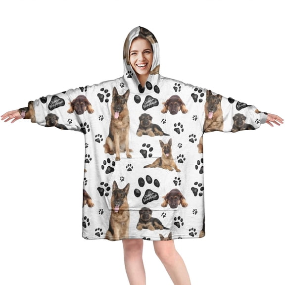 German Shepherd Dog and Footprint Wearable Oversized Blanket,Wearable Blanket Hoodie for Adults,Cozy Hooded Blankets with Super Pockets,Super Warm Fuzzy Pullover for Women & Men