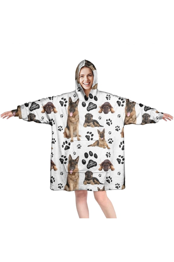 German Shepherd Dog and Footprint Wearable Oversized Blanket,Wearable Blanket Hoodie for Adults,Cozy Hooded Blankets with Super Pockets,Super Warm Fuzzy Pullover for Women & Men