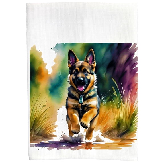 German Shepherd Dog GSD Puppy Cute Farmhouse Sublimation Kitchen Bath Polyester Knit White Linen Hand Towel DZ252L