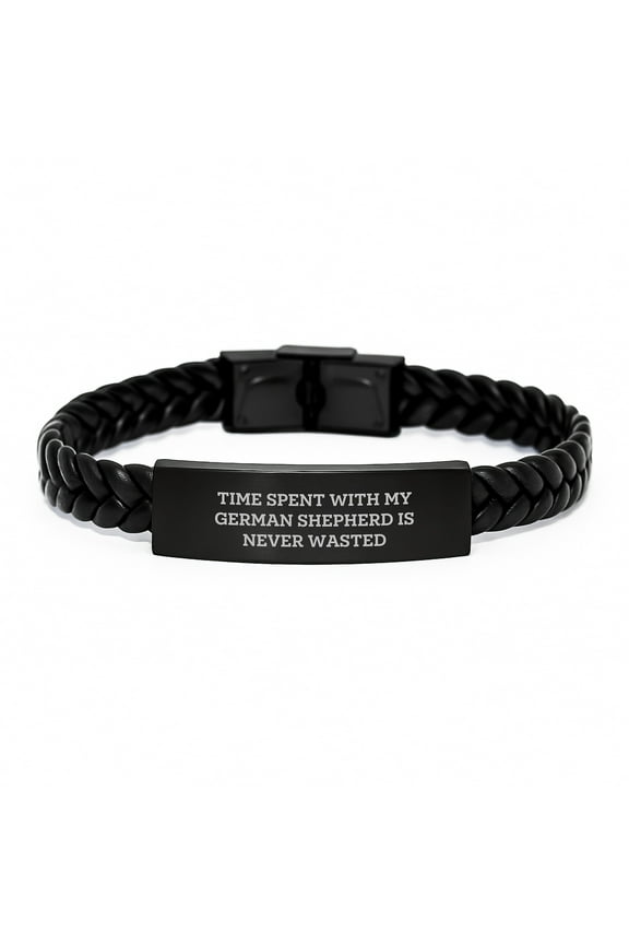 German Shepherd Dog Gifts from Men - Inspirational Interlaced Leather Bracelet for Birthday - 'Time Spent With My German Shepherd Is Never Wasted' Quote, Gifts for German Shepherd Dog Lovers