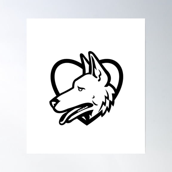 German Shepherd Dog Head Side View Inside Heart Black And White Poster Wall Art, Modern Wall Decor, 30x30 UNFRAMED