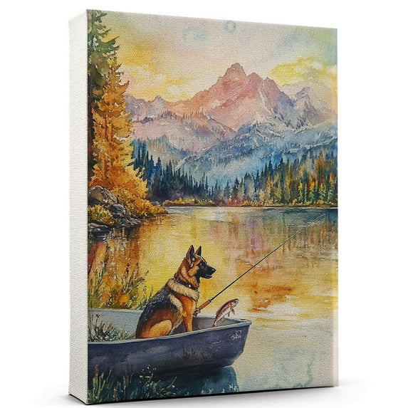 German Shepherd Dog Playing Fishing Wall Canvas – German Shepherd Canvas Art for Dog Lovers, Fishing Canvas and Unique Room Decor