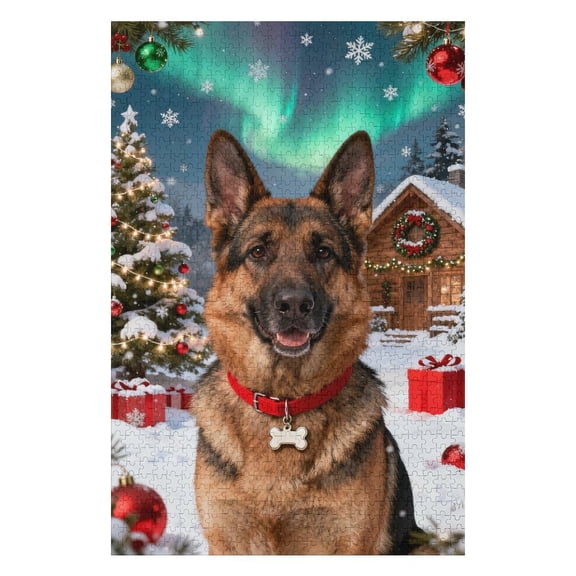 German Shepherd Dog Red Collar Snow Scene 1000 Piece Christmas Puzzle for Adults, Pet Lovers Winter Fun, Relaxing Evening Activity and Holiday Mind Challenge, Finished Size 30 x 20 IN