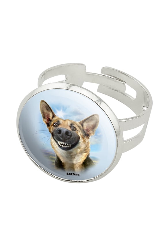 German Shepherd Dog Selfie Silver Plated Adjustable Novelty Ring