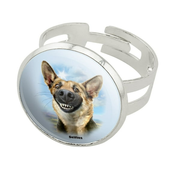 German Shepherd Dog Selfie Silver Plated Adjustable Novelty Ring