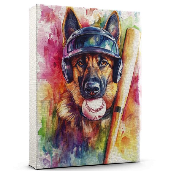 German Shepherd Dog Stretched Canvas Size 8x12 – Funny German Shepherd Dog Canvas Wall Decor, Funny Dog Wall Art for Baseball Room