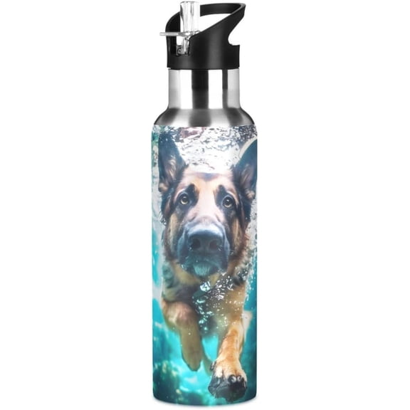 German Shepherd Dog Underwater Water Bottle with Straw Lid Kids Insulated Stainless Steel Water Flask Sports, 20 Oz Hot Cold