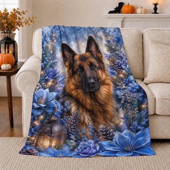 German Shepherd Dog Winter Portrait Blue Flowers Lantern, Festive Pet Portrait Pattern, Warm Flannel Blanket for Living Room and Bedroom, Dog Lovers Christmas Gift, Pet Lover Home Decor
