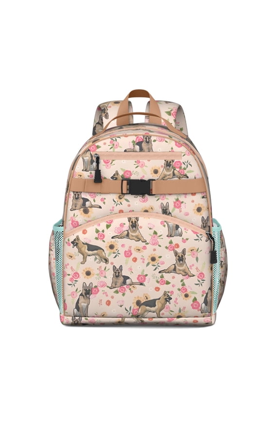 German Shepherd Dog and Flower Backpack for School,Cute School Bag,Schoolbag with Adjustable Shoulder Straps & Padded Back,15.25"x11.5"x5.25"