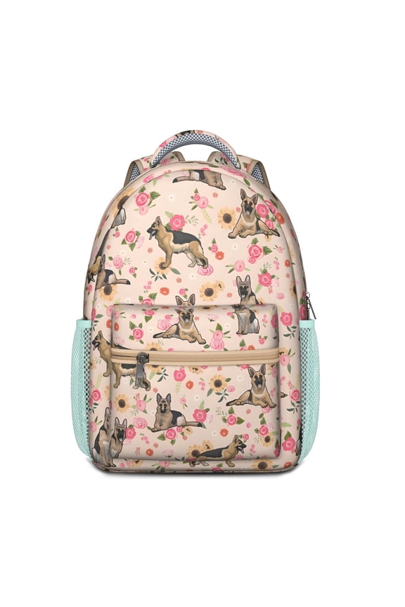 German Shepherd Dog and Flower Backpack for School,Cute School Bag,Schoolbag with Adjustable Shoulder Straps & Padded Back,15.3"x11"x6.7"