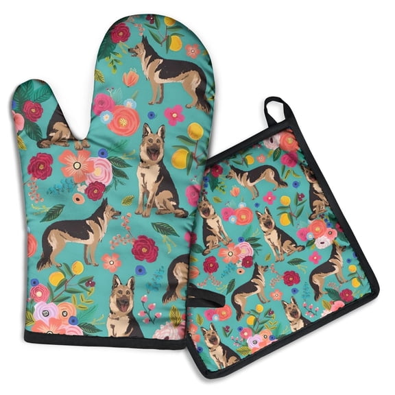 German Shepherd Dog and Flower Kitchen Oven Mitt and Pot Holder Sets 2 Pcs for Baking, Cooking and Grilling, Heat Resistant Up To 392 °F