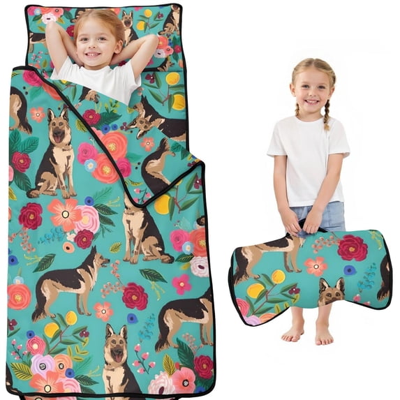 German Shepherd Dog and Flower Toddler Nap Mats for Kids Preschool,Sleeping Mat Bag or Kids,Toddler Sleeping Bag,Toddler Nap Mat or Daycare