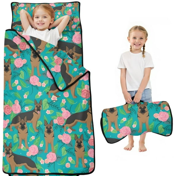 German Shepherd Dog and Flower Toddler Nap Mats for Kids Preschool,Sleeping Mat Bag or Kids,Toddler Sleeping Bag,Toddler Nap Mat or Daycare