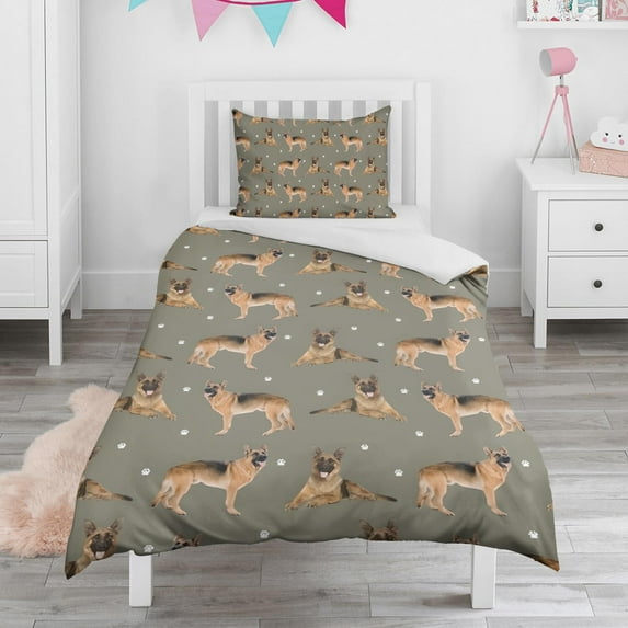 German Shepherd Dog and Footprint Duvet Cover and Pillowcase Set for Single Bedding, Bedroom Accessories for Kids Teens