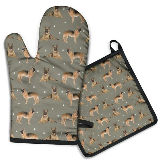 German Shepherd Dog and Footprint Kitchen Oven Mitt and Pot Holder Sets 2 Pcs for Baking, Cooking and Grilling, Heat Resistant Up To 392 °F
