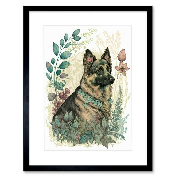 German Shepherd Dog with a Leaf Collar Spring Field Boho Pastel Watercolour Illustration Artwork Framed Wall Art Print 9X7 Inch