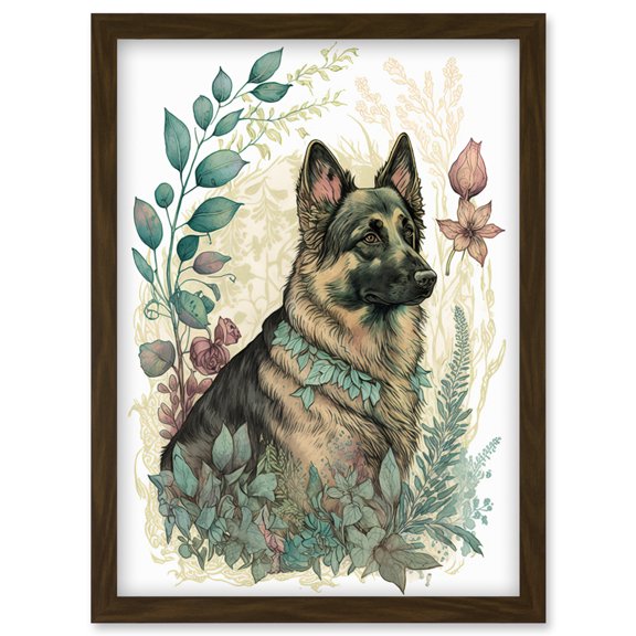 German Shepherd Dog with a Leaf Collar Spring Field Boho Pastel Watercolour Illustration Artwork Framed Wall Art Print A4