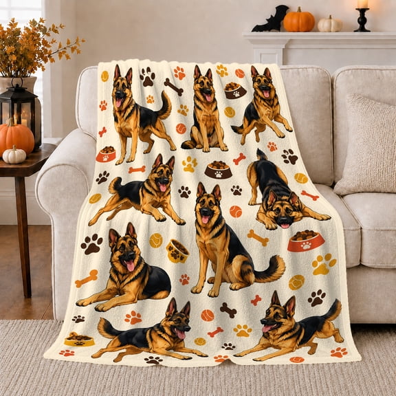 German Shepherd Dogs with Bones and Paws, Playful Pet Style for Dog Lovers, Treat Time Motif and Birthday Gift, Cozy Flannel Blanket for Living Room and Bedroom, Home Decor