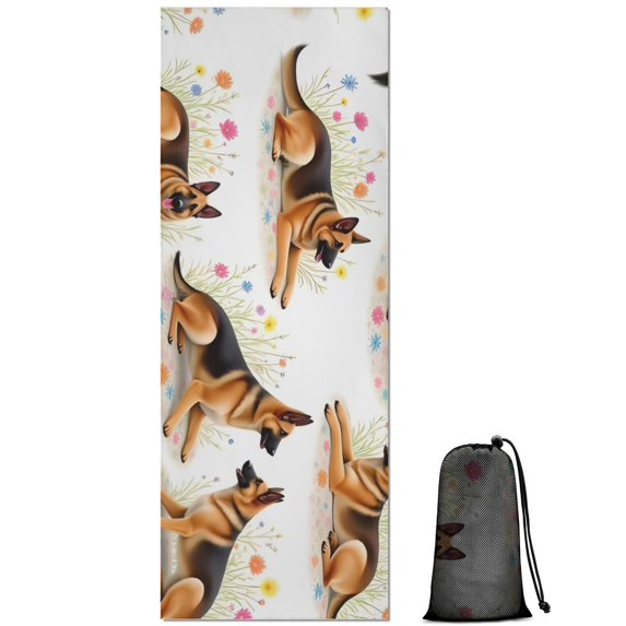 German Shepherd Dogs with Flowers Hot Yoga Mat Towel Non Slip for Hot Yoga - Quick-Drying Yoga Mat Cover with 4 Corner Pockets with Travel Bag - Hot Yoga Towel Non Slip 70"x26"