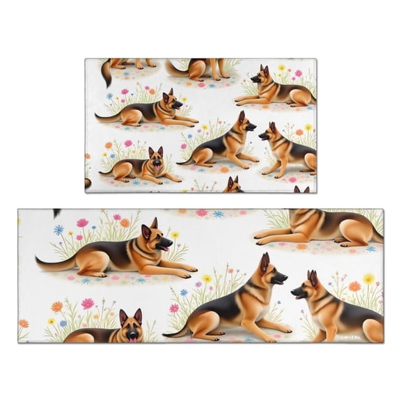 German Shepherd Dogs with Flowers Kitchen Rugs Sets Of 2,Anti Fatigue Kitchen Mat Rugs Non Slip Washable,Decorative Kitchen Floor Mats for Kitchen,Sink,Laundry,17"x30"+17"x47"