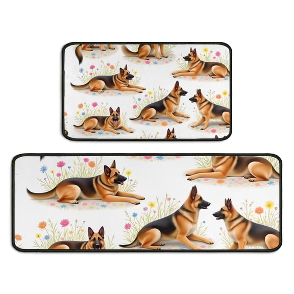 German Shepherd Dogs with Flowers Kitchen Rugs Sets Of 2,Anti Fatigue Kitchen Mat Rugs Non Slip Washable,Decorative Kitchen Floor Mats for Kitchen,Sink,Laundry,17"X30"+17"X47"