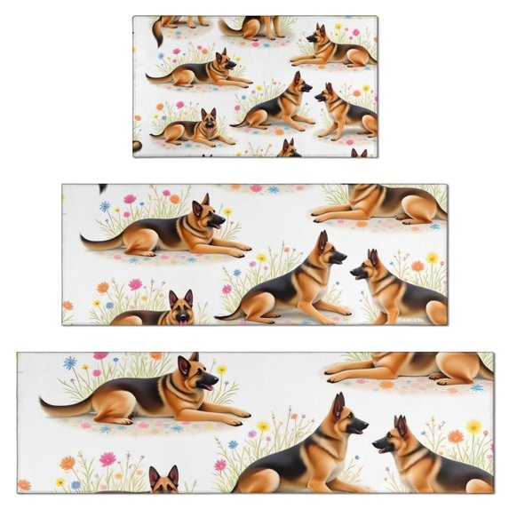 German Shepherd Dogs with Flowers Kitchen Rugs Sets Of 3,Kitchen Runner Rugs Non Skid Washable,Decorative Kitchen Floor Mats for Kitchen,Sink,Laundry,17"x30"+ 17"x47" + 17"x59"