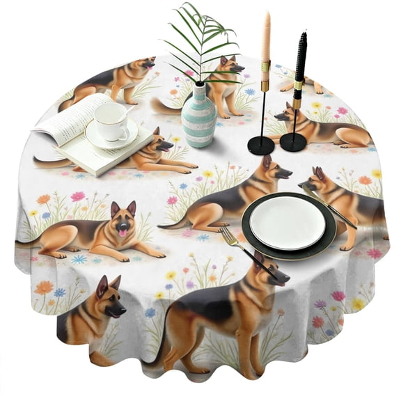 German Shepherd Dogs with Flowers Round Tablecloth 60"x60",Wrinkle Wipeable Table Cloth for Kitchen Dining Room Picnic Patio Party