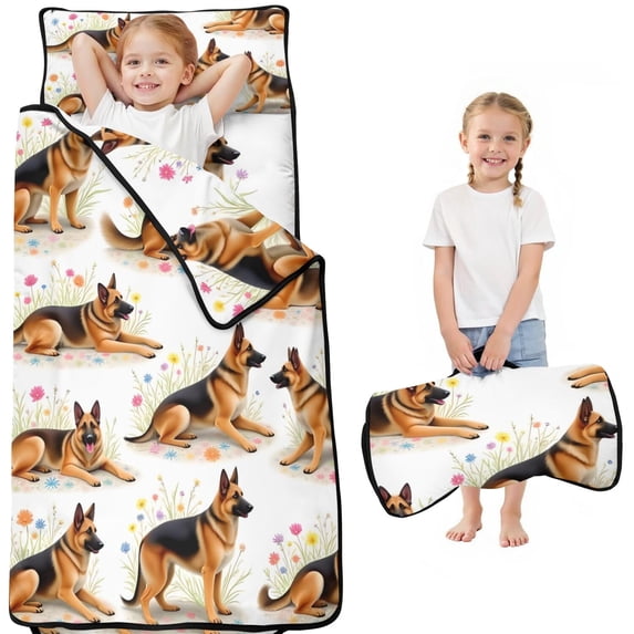 German Shepherd Dogs with Flowers Toddler Nap Mats for Kids Preschool,Sleeping Mat Bag or Kids,Toddler Sleeping Bag,Toddler Nap Mat or Daycare