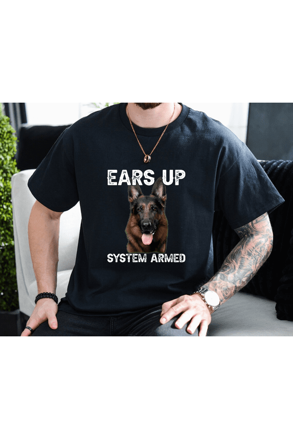 German Shepherd Ears Up System Armed Graphic Tee Unisex T-Shirt, up to size 3XL.