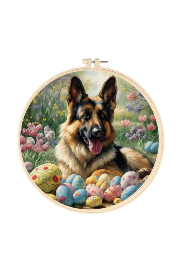 German Shepherd and Easter Eggs Easy Cross Stitch Kits for Starter Kits DIY 11CT Pre-printed Stamped Patterns Embroidery Cross Stitching Needlework Kit Set Supplies with Hoop 35x35cm (a33)