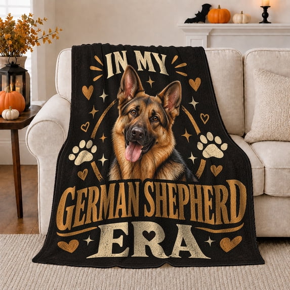 My German Shepherd Era Vintage Distressed Typography Black, Playful Pet Portrait Pattern, Warm Flannel Blanket for Living Room and Reading Nook, Dog Lovers Christmas Gift, Pet Lover Home Decor