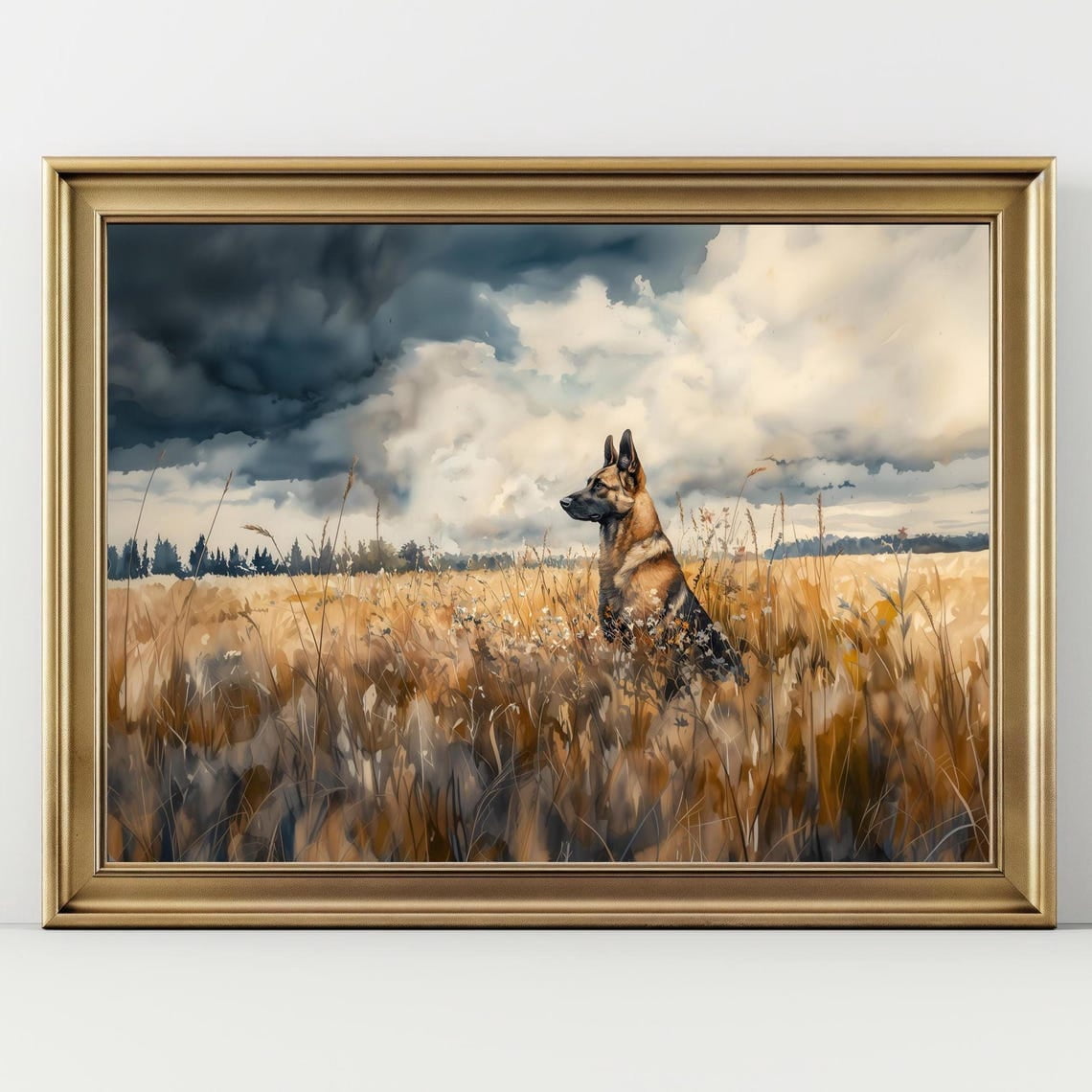 Simple Field Landscape German Shepherd Field Dramatic Dog Landscape Wall Art Print, Rustic Pet ...