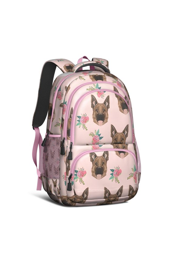 German Shepherd and Flowers Backpack for School,Cute School Bag,Schoolbag with Adjustable Shoulder Straps & Padded Back,16.9 Inch