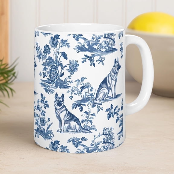 German Shepherd French Toile de Jouy Mug Elegant Blue Toile Coffee Cup for German Shepherd