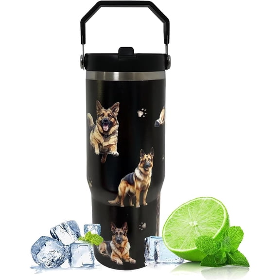 German Shepherd Gifts For Dog Lover-30oz Black German Shepherd Tumbler With Top Handle and Lid Straw-Gifts For German Shepherd Lover Stainless Steel Insulated Bottle Travel Mug Coffee Cup
