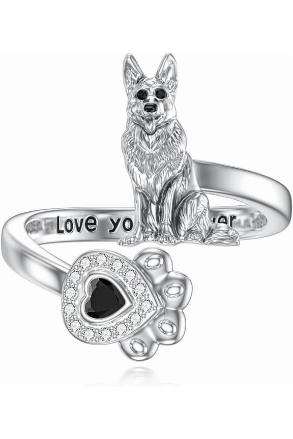 German Shepherd Gifts for Women 925 Sterling Silver Cute Shepherd Dog Adjustable Ring for German Shepherd Lover