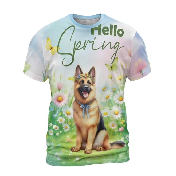 German Shepherd Hello Spring Time Flower Floral Nature All Over Print 3D Shirt Unisex Merch Alsatian Dog Lover Gifts - 02031