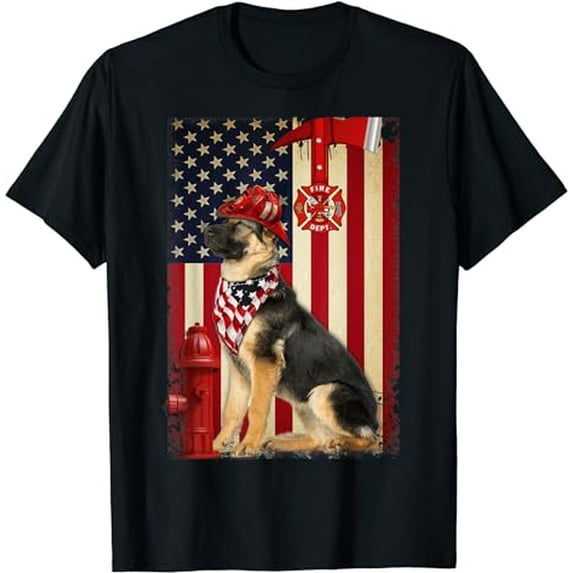 German Shepherd Helmet Firefighter Flag American Vintage T-Shirt