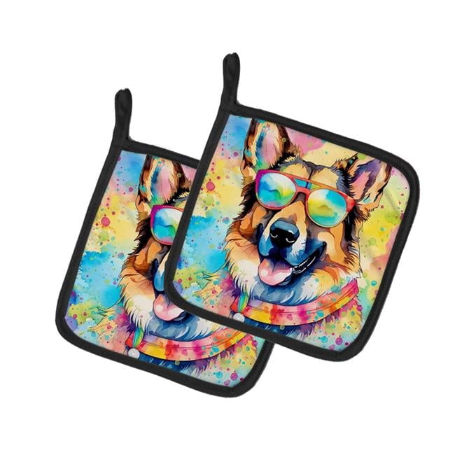 German Shepherd Hippie Dawg Pair of Pot Holders 7.5 in x 7.5 in