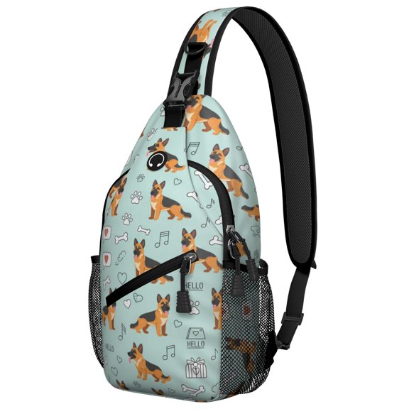 German Shepherd and Icons Blue Sling Backpack, Unisex Cycling Crossbody Bag with Side Mesh Pockets, Earphone Hole Port Gift Ideas for Hiking Cycling Walking