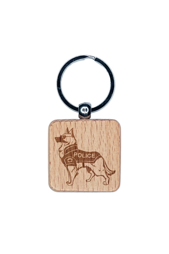 German Shepherd K-9 Police Dog Square Keychain Charm Tag - Engraved Wood