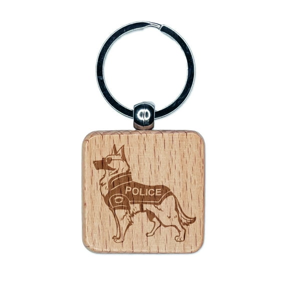 German Shepherd K-9 Police Dog Square Keychain Charm Tag - Engraved Wood